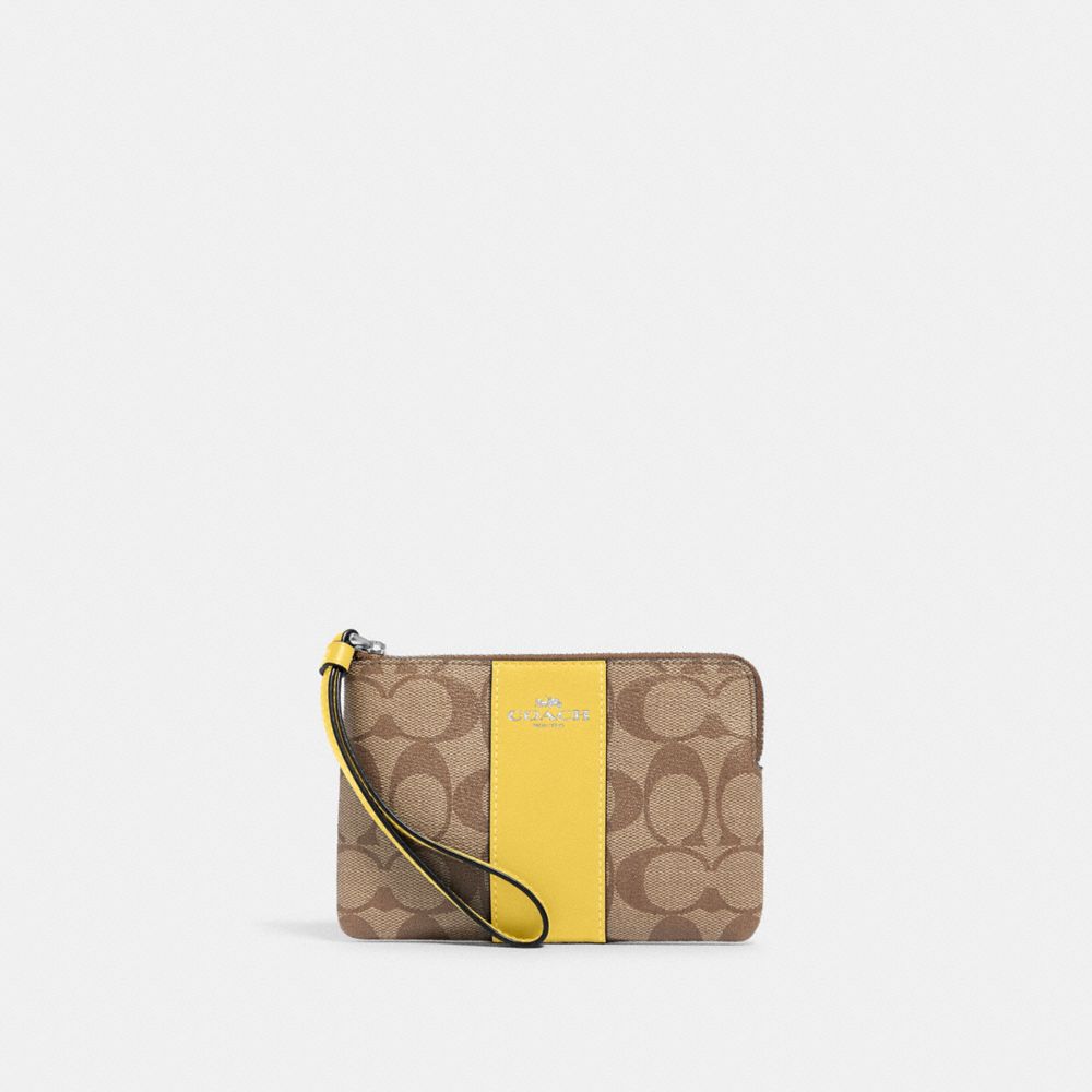 Corner Zip Wristlet In Signature Canvas - 58035 - Silver/Khaki/Retro Yellow