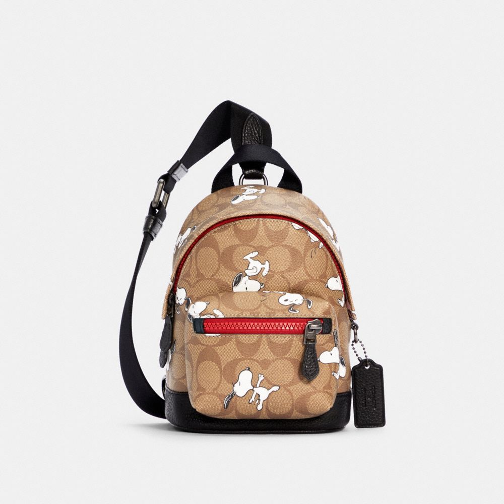 COACH 5840 COACH X PEANUTS SMALL WEST BACKPACK CROSSBODY IN SIGNATURE CANVAS WITH SNOOPY PRINT QB/KHAKI MULTI