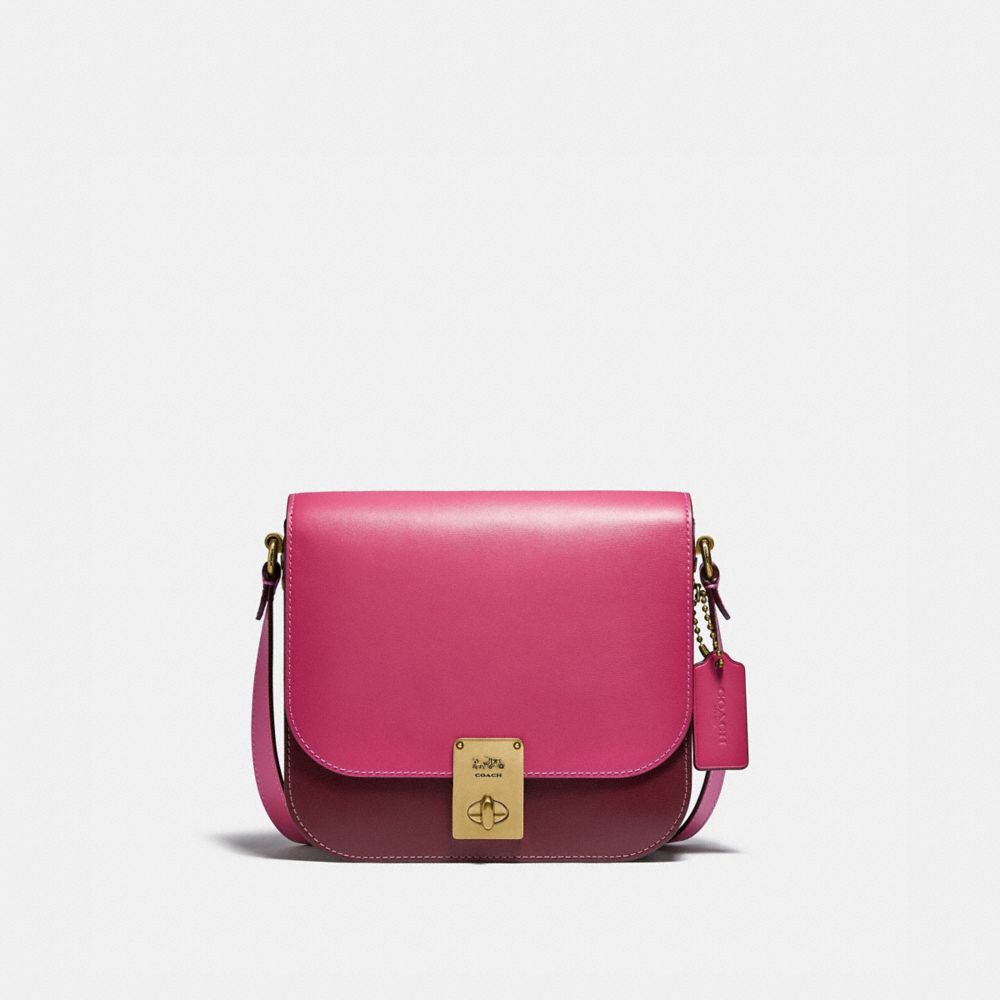 COACH HUTTON SADDLE BAG IN COLORBLOCK - BRASS/CONFETTI PINK MULTI - 609