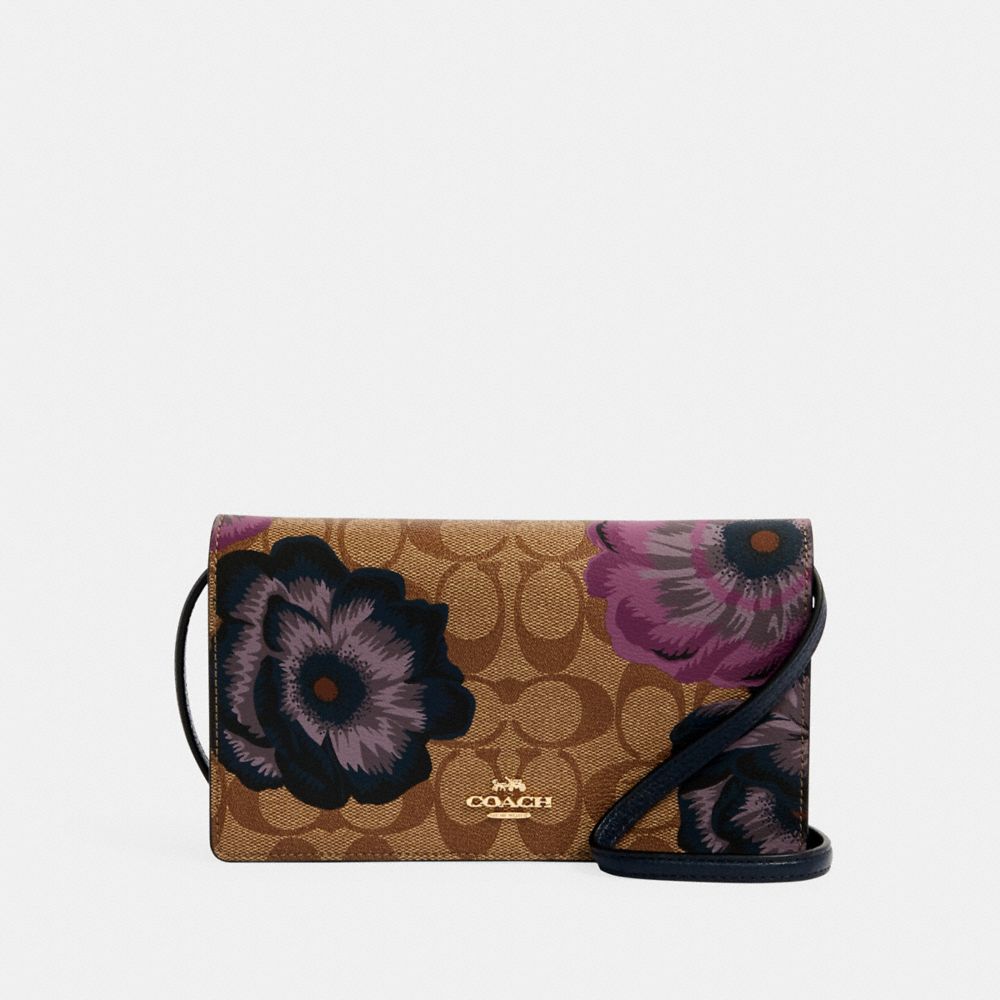 ANNA FOLDOVER CROSSBODY CLUTCH IN SIGNATURE CANVAS WITH KAFFE FASSETT PRINT - 6225 - IM/KHAKI PURPLE MULTI