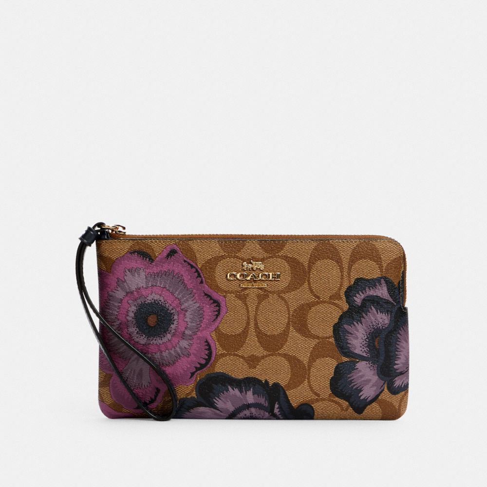 COACH 6285 LARGE CORNER ZIP WRISTLET IN SIGNATURE CANVAS WITH KAFFE FASSETT PRINT IM/KHAKI PURPLE MULTI