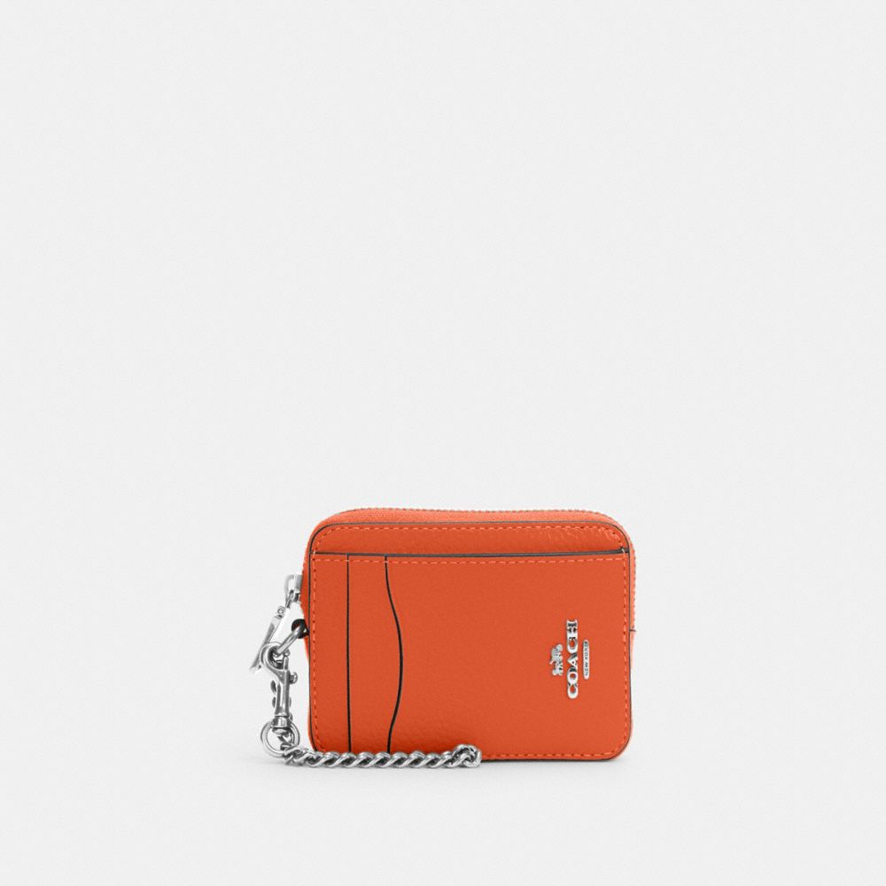 COACH 6303 Zip Card Case SILVER/BRIGHT ORANGE