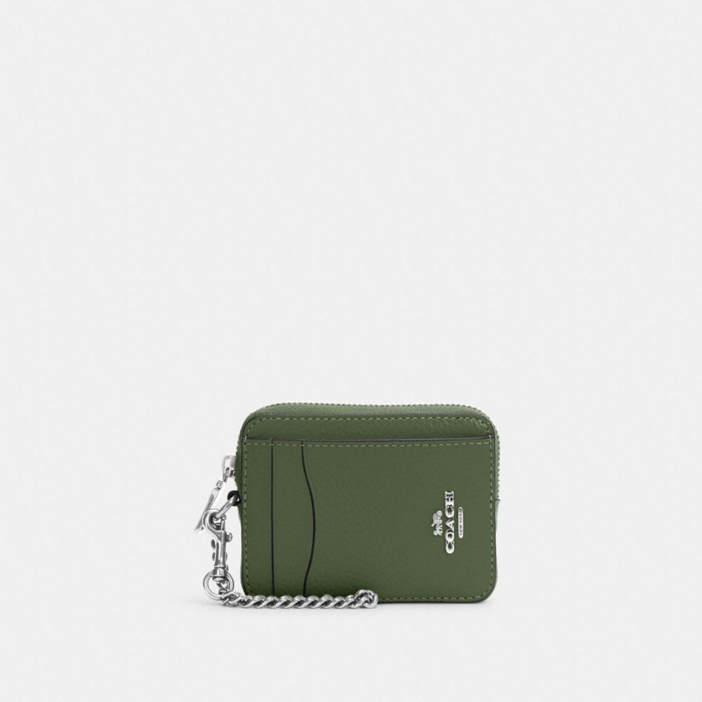 COACH 6303 Zip Card Case SILVER/DARK SAGE