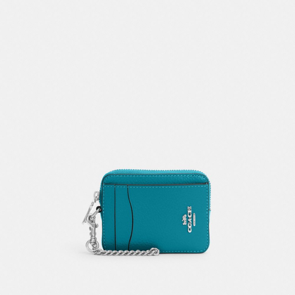 COACH 6303 Zip Card Case Silver/Teal