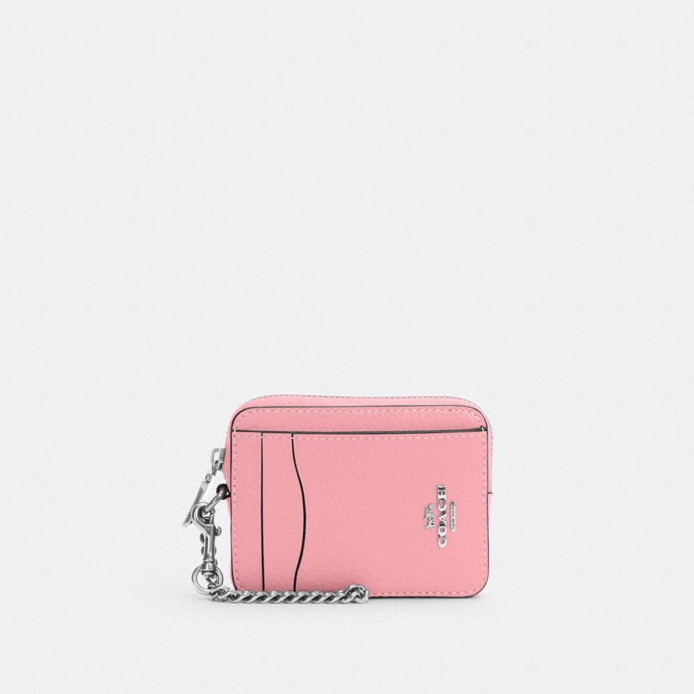 COACH 6303 Zip Card Case SILVER/FLOWER PINK