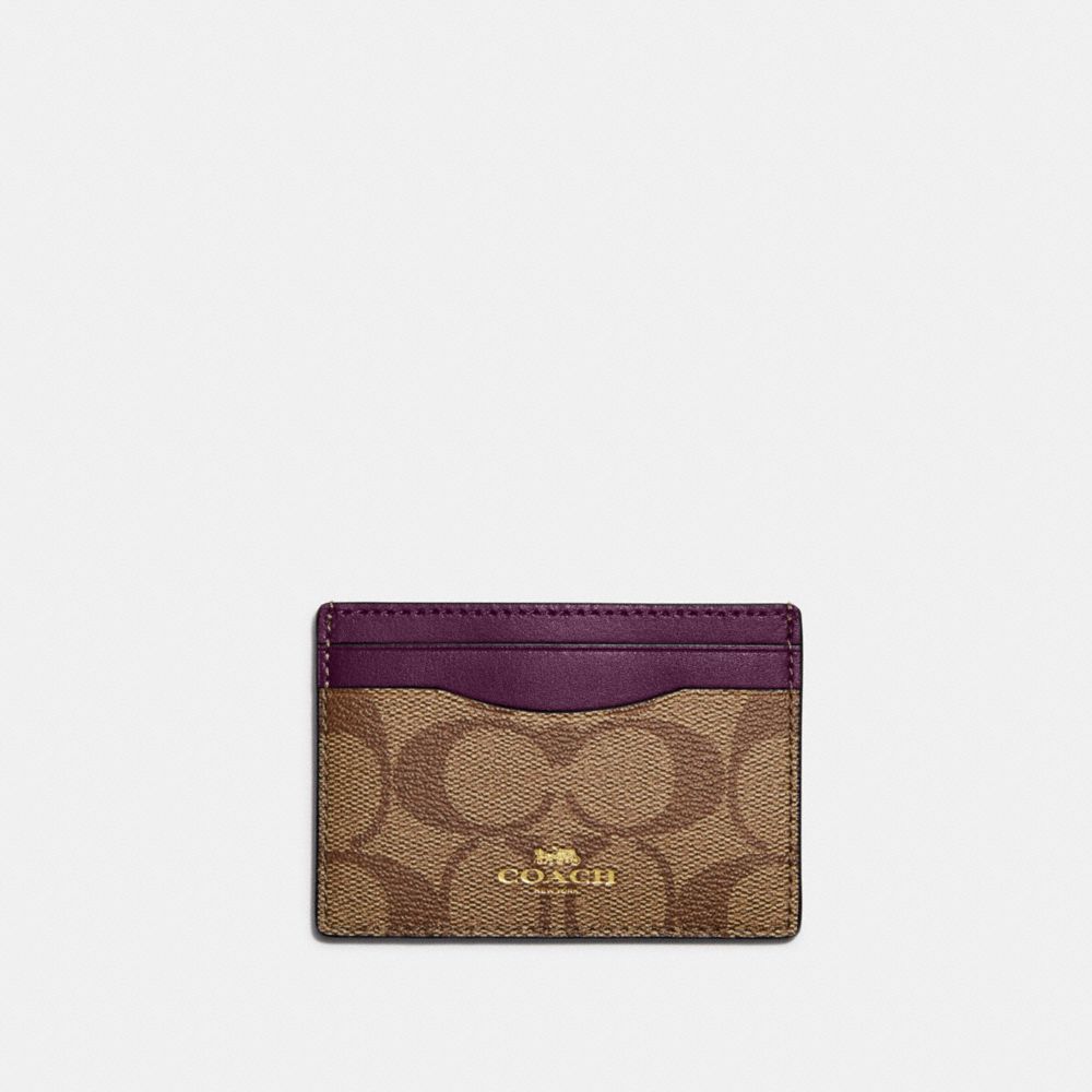 COACH 63279 Card Case In Signature Canvas IM/Khaki/Boysenberry