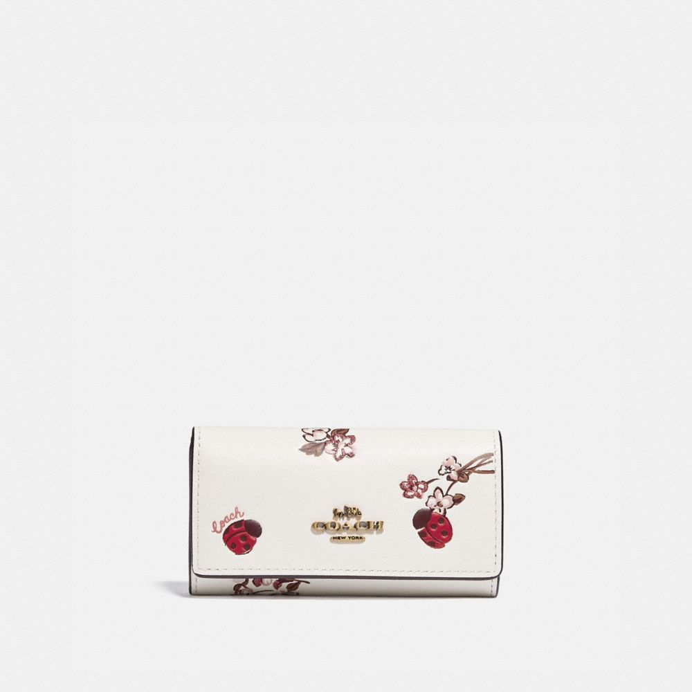 Six Ring Key Case With Ladybug Floral Print - BRASS/CHALK POWDER PINK MULTI - COACH 6419