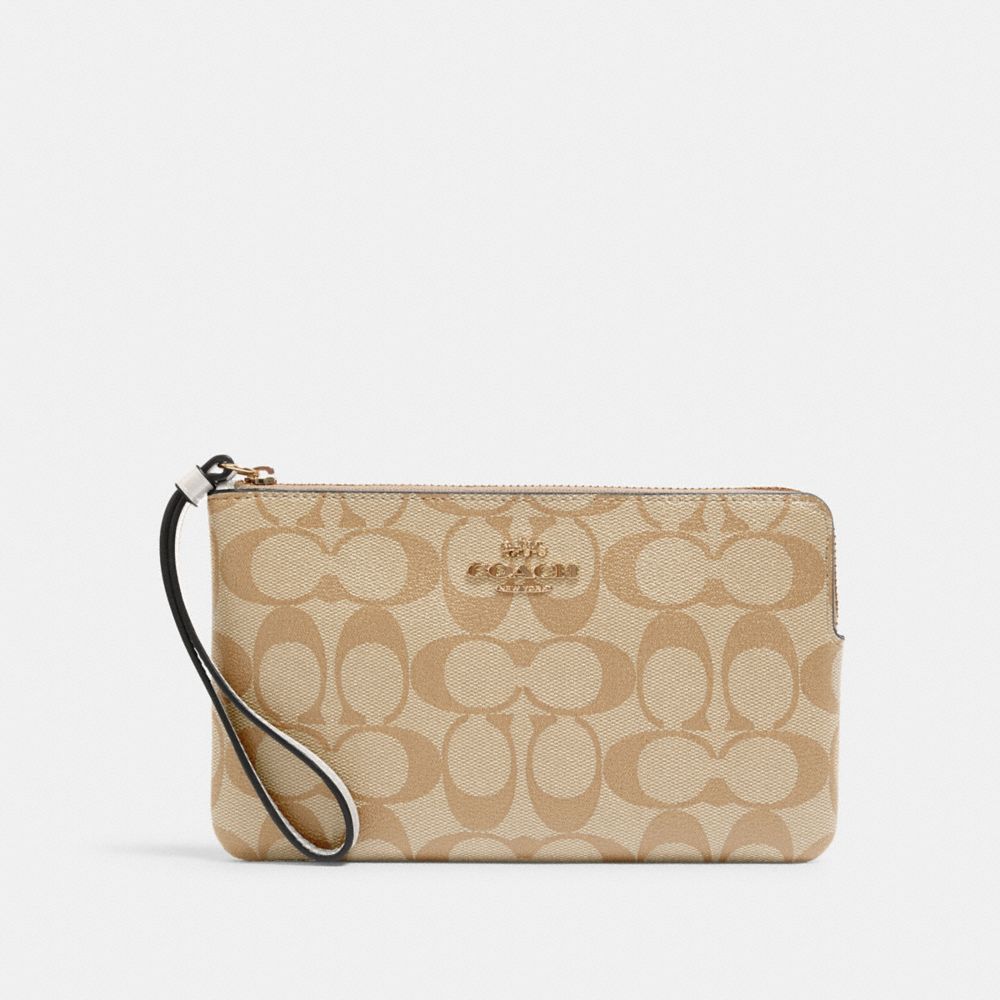 LARGE CORNER ZIP WRISTLET IN SIGNATURE CANVAS - 6648 - IM/LIGHT KHAKI CHALK