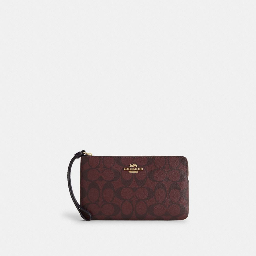 COACH 6648 Large Corner Zip Wristlet In Signature Canvas GOLD/OXBLOOD MULTI