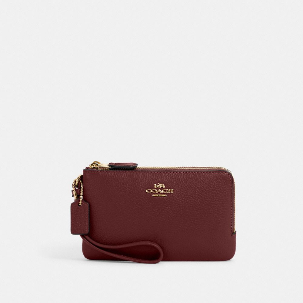 Double Corner Zip Wristlet - 6649 - Gold/Black Cherry