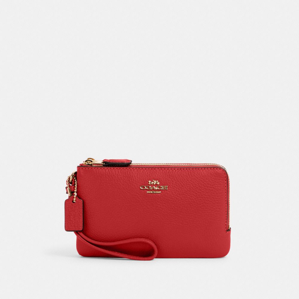 COACH Double Corner Zip Wristlet - GOLD/TRUE RED - 6649