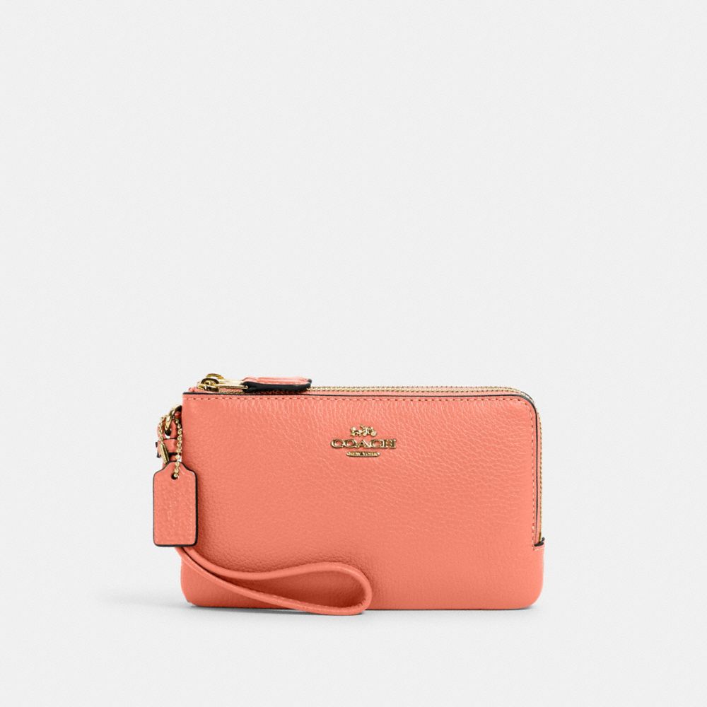 COACH 6649 Double Corner Zip Wristlet GOLD/LIGHT CORAL