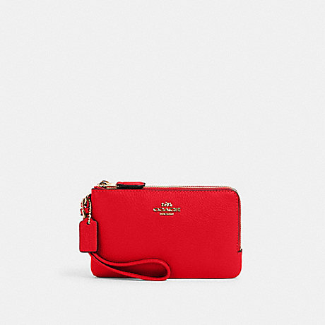 COACH Double Corner Zip Wristlet - GOLD/ELECTRIC RED - 6649