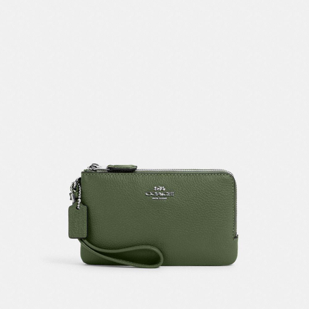 COACH 6649 Double Corner Zip Wristlet Silver/Dark Sage