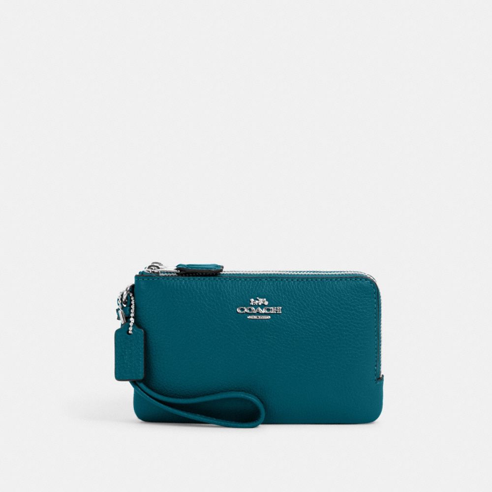 COACH 6649 Double Corner Zip Wristlet SV/Deep Turquoise