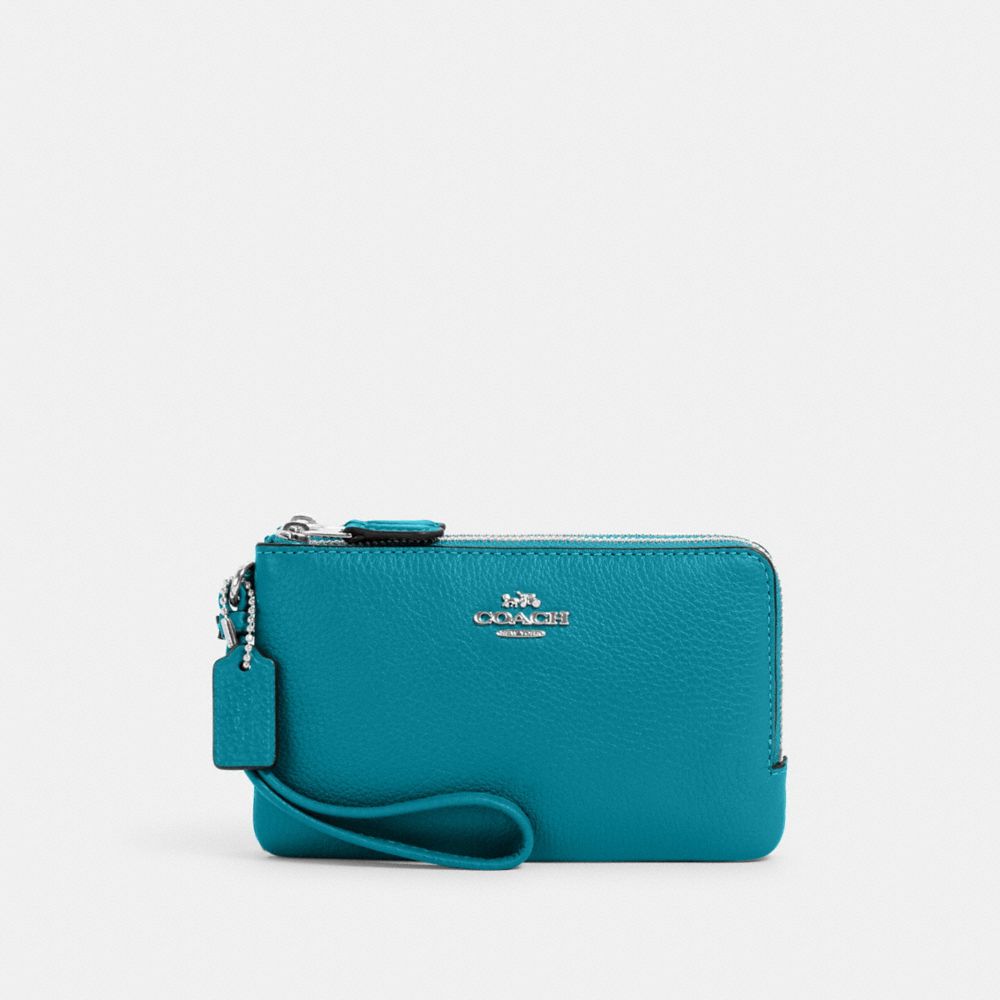 COACH 6649 Double Corner Zip Wristlet SILVER/TEAL