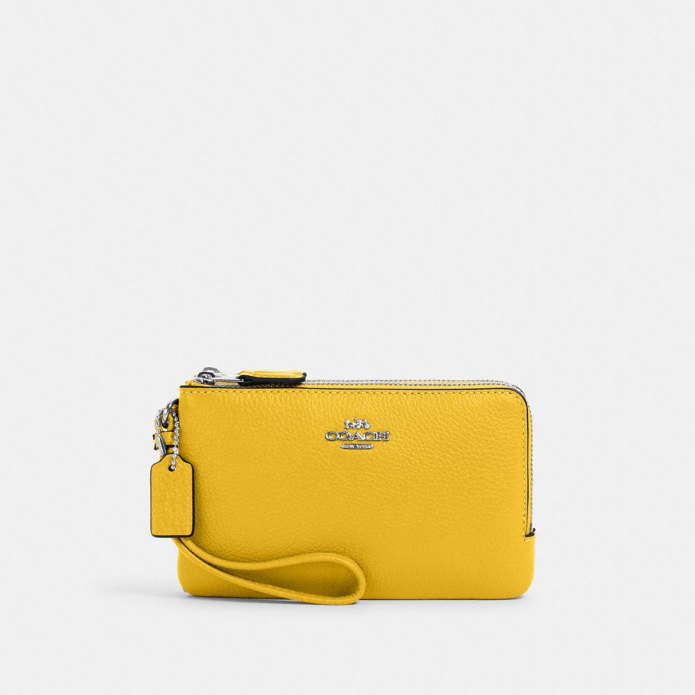 COACH 6649 Double Corner Zip Wristlet Silver/Canary