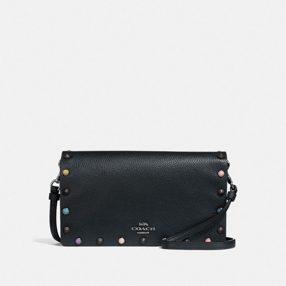 COACH 66613 HAYDEN FOLDOVER CROSSBODY CLUTCH WITH RIVETS MIDNIGHT-NAVY/GUNMETAL