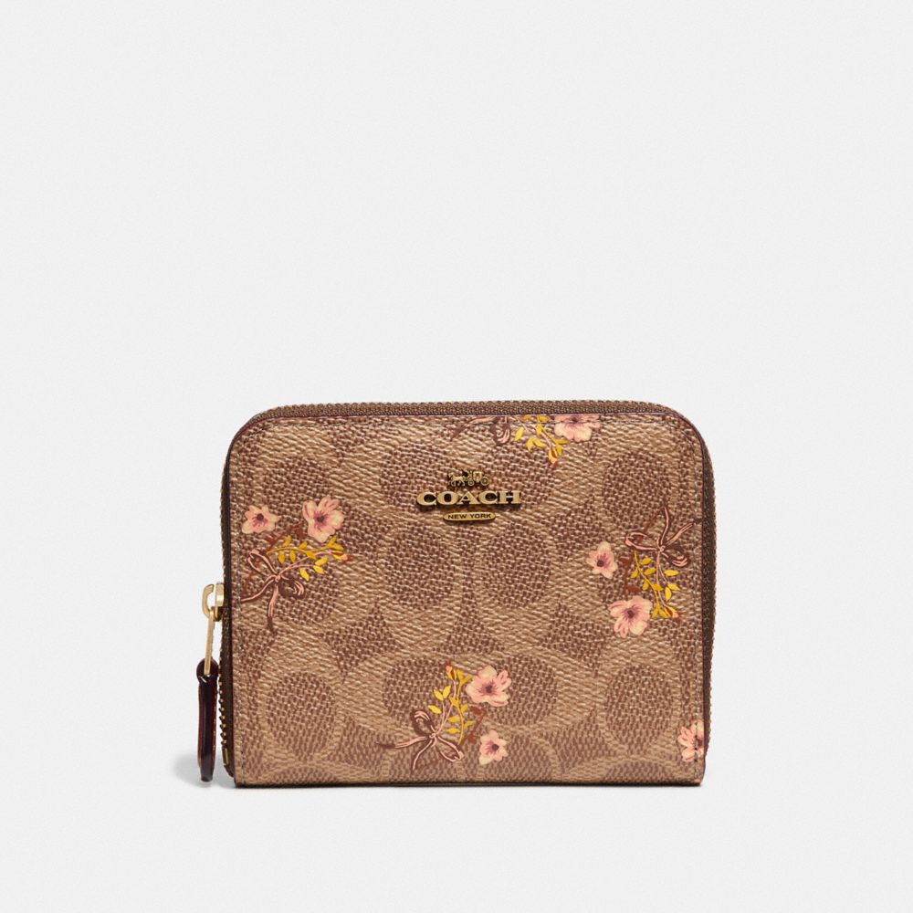 COACH 66619 Small Zip Around Wallet In Signature Canvas With Floral Print B4/TAN