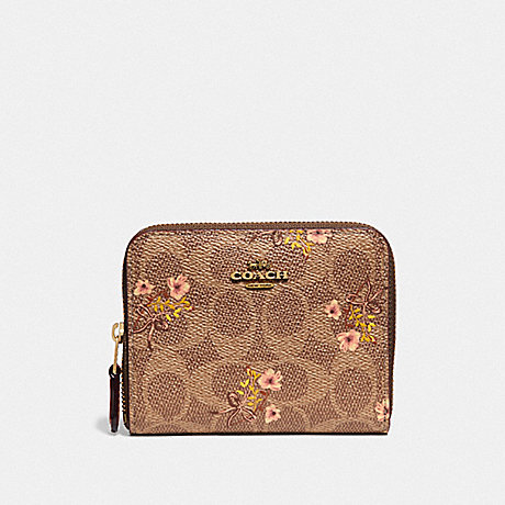 COACH 66619 SMALL ZIP AROUND WALLET IN SIGNATURE CANVAS WITH FLORAL PRINT B4/TAN
