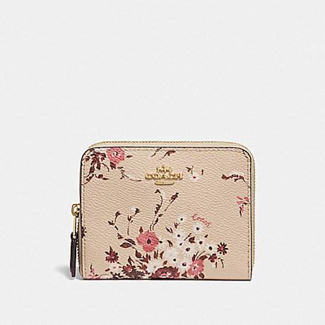 COACH 66634 SMALL ZIP AROUND WALLET WITH FLORAL BUNDLE PRINT GD/BEECHWOOD FLORAL BUNDLE