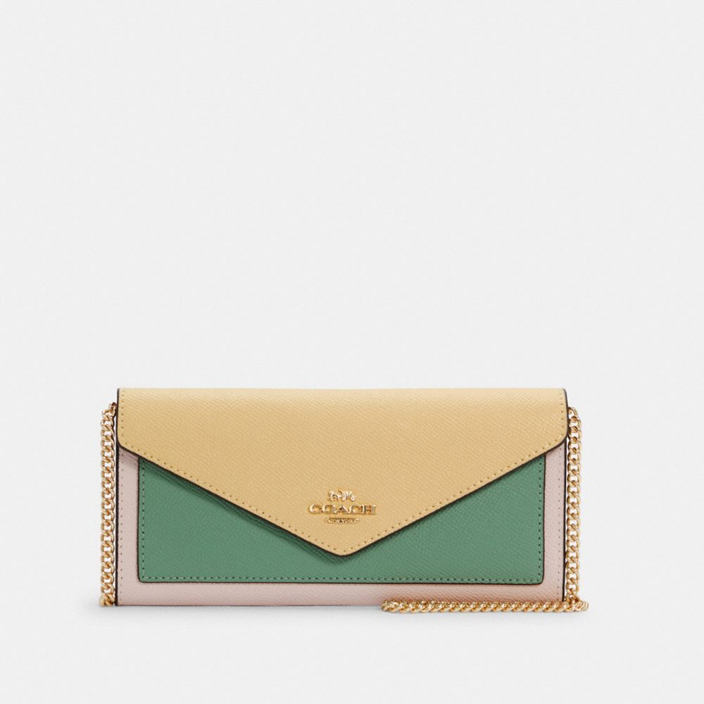 COACH 6685 SLIM ENVELOPE WALLET WITH CHAIN IN COLORBLOCK IM/VANILLA CREAM MULTI