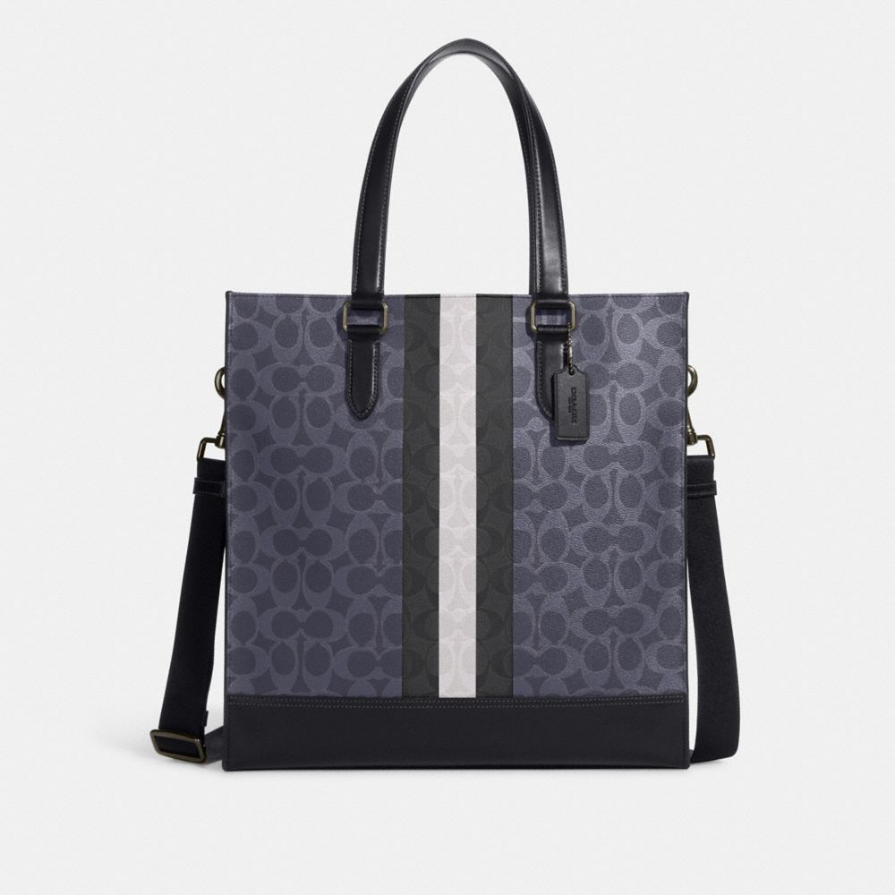 Graham Structured Tote In Blocked Signature Canvas With Varsity Stripe - 6707 - Gunmetal/Denim Multi