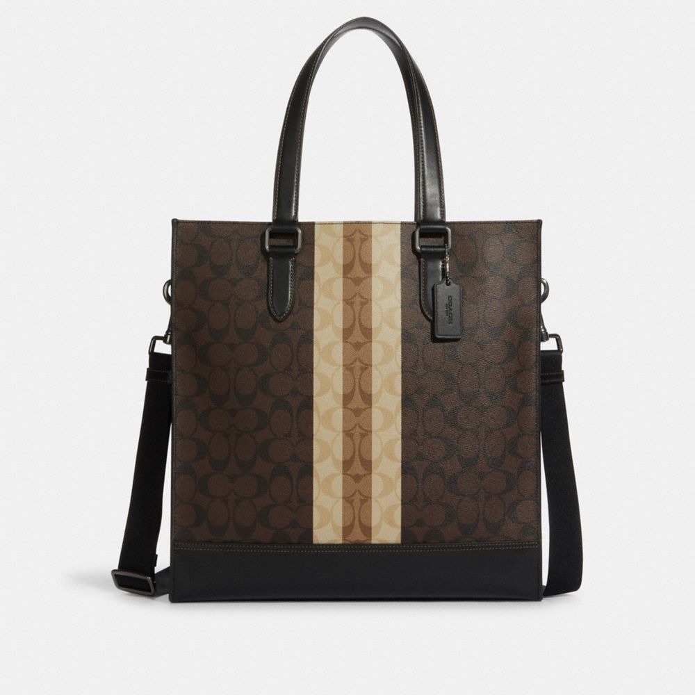 Graham Structured Tote In Blocked Signature Canvas With Varsity Stripe - GUNMETAL/MAHOGANY MULTI - COACH 6707