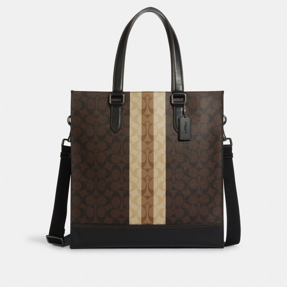 Graham Structured Tote In Blocked Signature Canvas With Varsity Stripe - 6707 - GUNMETAL/MAHOGANY MULTI