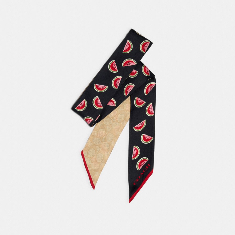 COACH 671 SIGNATURE WATERMELON PRINT SILK SKINNY SCARF NAVY/RED