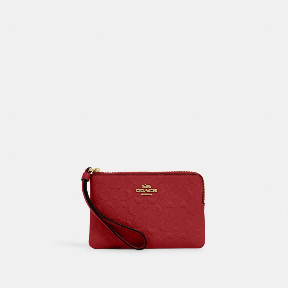 Corner Zip Wristlet In Signature Leather - 67555 - Gold/1941 Red