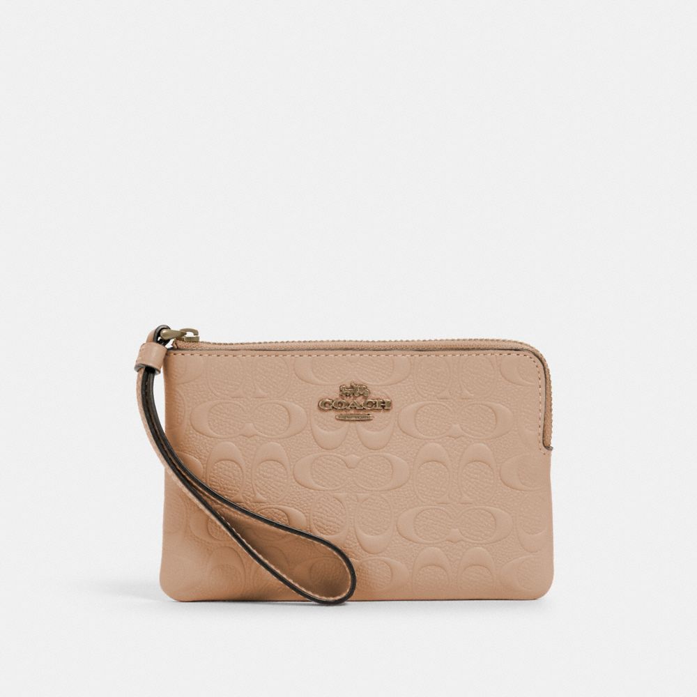 CORNER ZIP WRISTLET IN SIGNATURE LEATHER - 67555 - IM/TAUPE