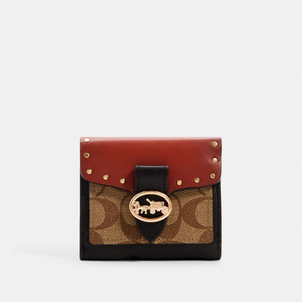 COACH GEORGIE SMALL WALLET IN COLORBLOCK SIGNATURE CANVAS WITH RIVETS - IM/KHAKI/TERRACOTTA MULTI - 6791