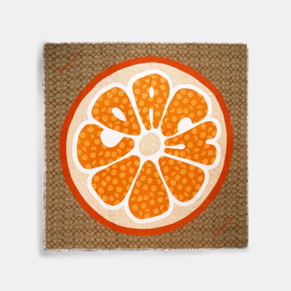 COACH 679 Signature Orange Slice Print Oversized Square Scarf KHAKI/SUNBEAM