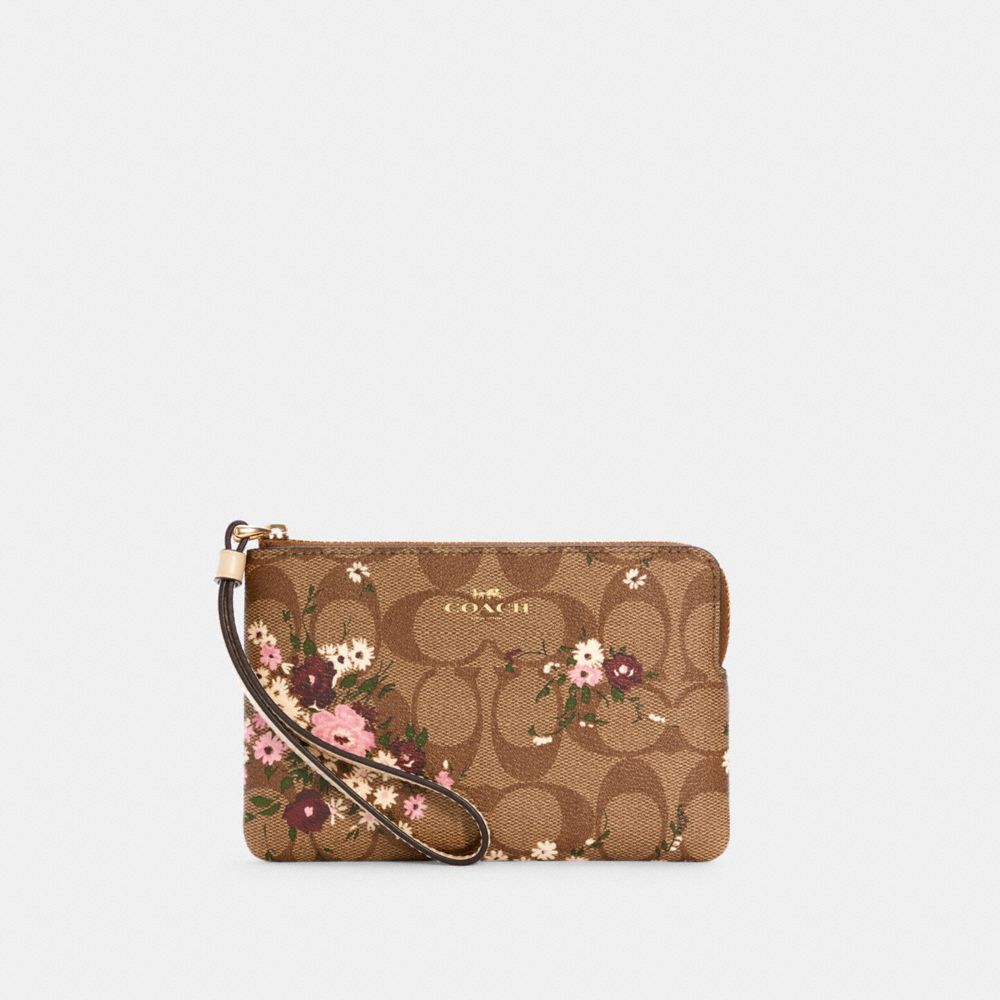 Coach Coated Canvas Floral Corner Zip Wristlet Bag Small Card Holder F39056