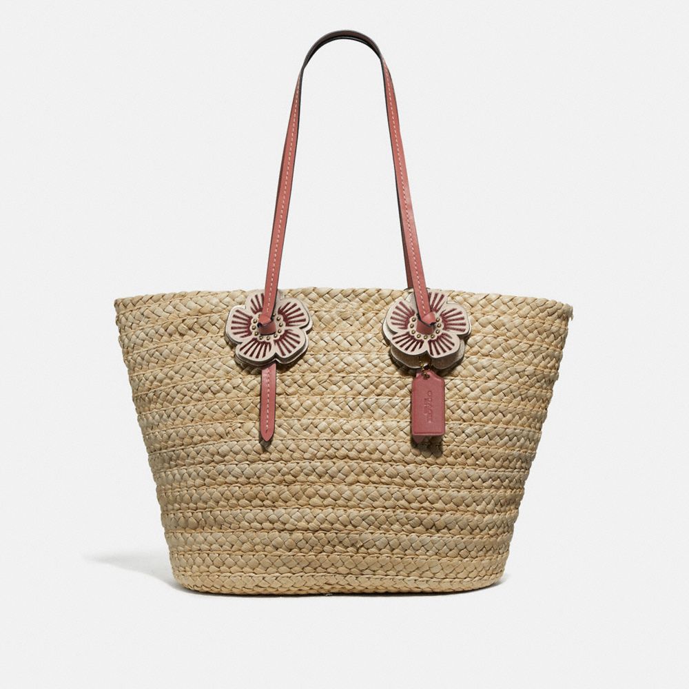 COACH WOVEN TOTE WITH TEA ROSE - STRAW/LIGHT PEACH/BRASS - 68610