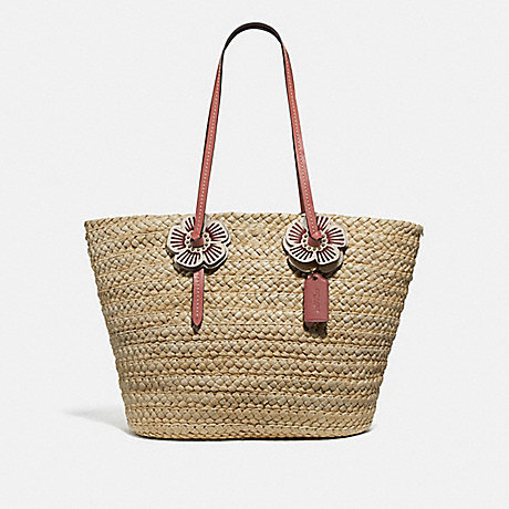 COACH 68610 WOVEN TOTE WITH TEA ROSE STRAW/LIGHT-PEACH/BRASS
