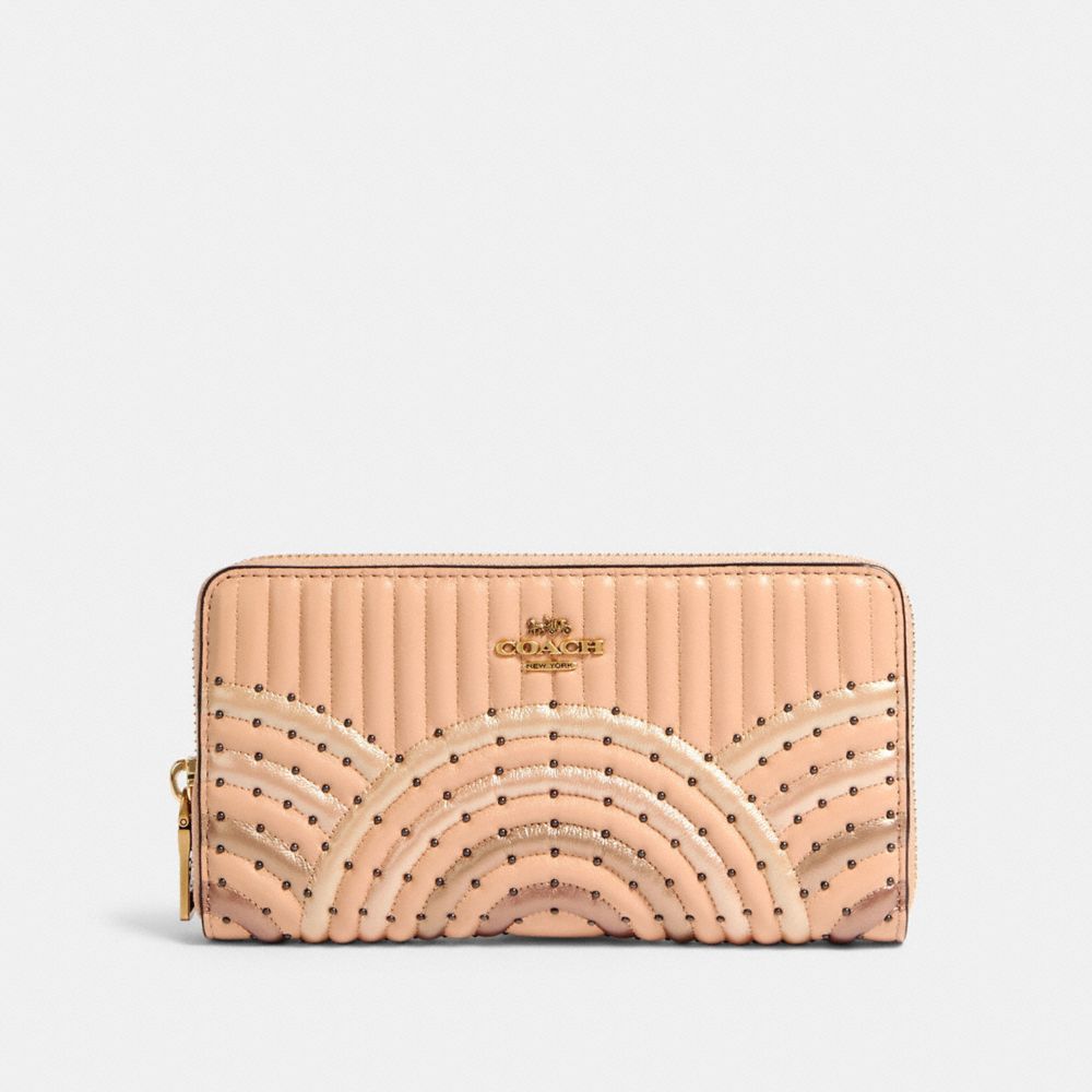 COACH 68843 ACCORDION ZIP WALLET WITH COLORBLOCK DECO QUILTING AND RIVETS B4/NUDE PINK MULTI