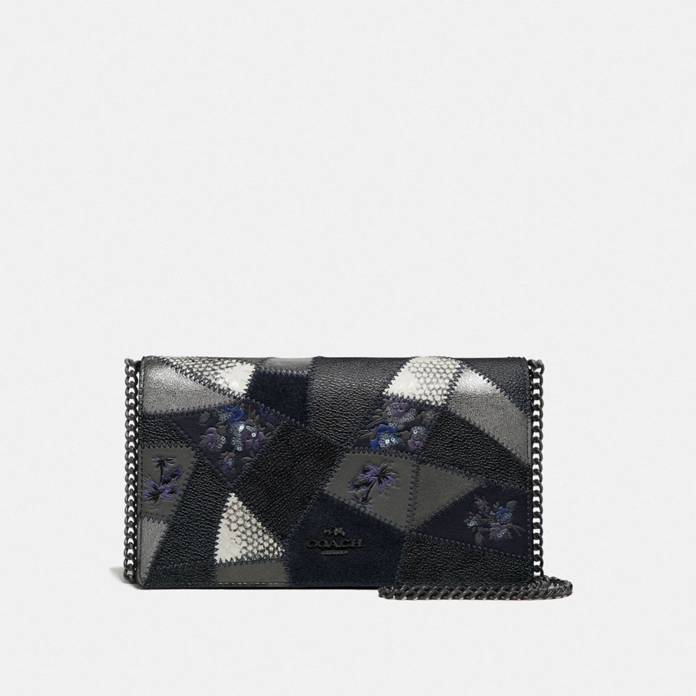 COACH 69189 Callie Foldover Chain Clutch With Signature Patchwork CHARCOAL SLATE MULTI/PEWTER