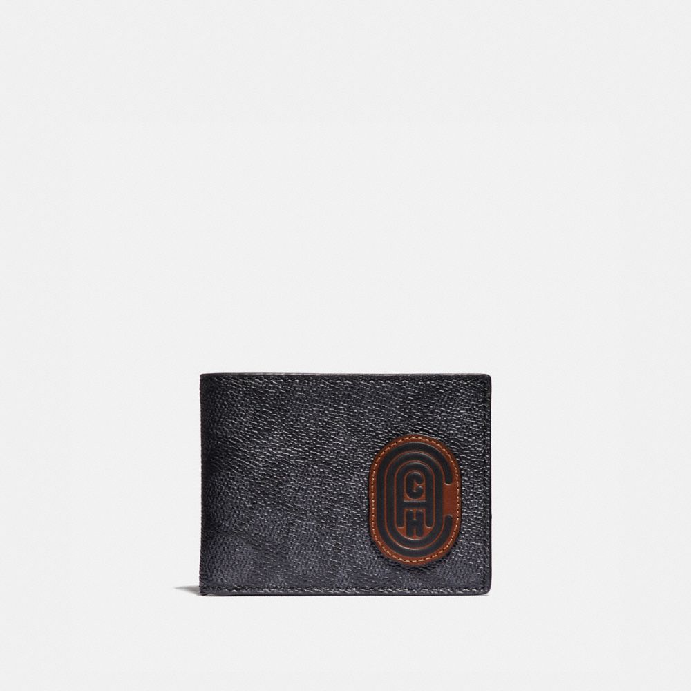 SLIM BILLFOLD WALLET IN SIGNATURE CANVAS WITH COACH PATCH - CHARCOAL/SPORT BLUE - COACH 69218