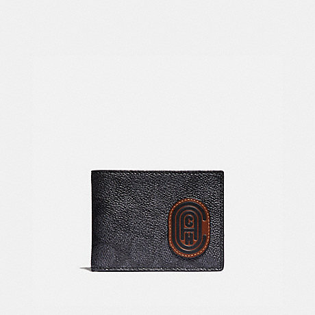 COACH 69218 SLIM BILLFOLD WALLET IN SIGNATURE CANVAS WITH COACH PATCH CHARCOAL/SPORT-BLUE