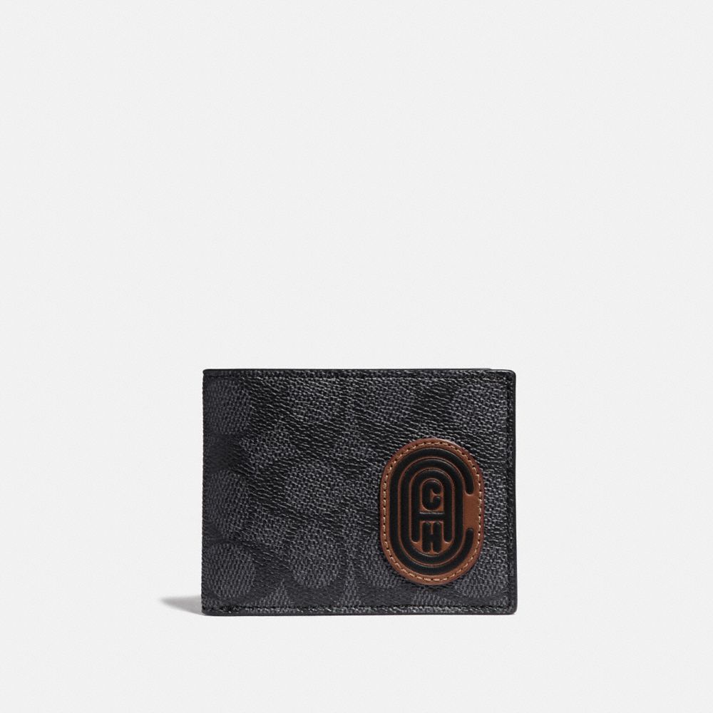 COACH 69218 SLIM BILLFOLD WALLET IN SIGNATURE CANVAS WITH COACH PATCH CHARCOAL/DEEP-SKY