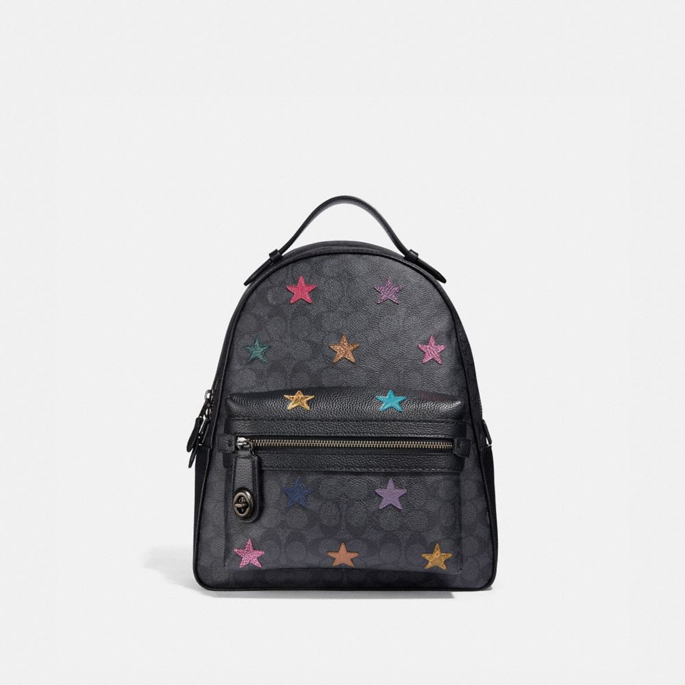CAMPUS BACKPACK IN SIGNATURE CANVAS WITH STAR APPLIQUE AND SNAKESKIN DETAIL - 69439 - CHARCOAL/MULTI/PEWTER