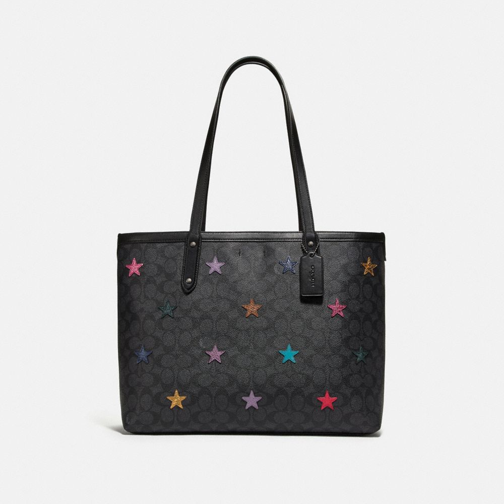 COACH 69453 Central Tote In Signature Canvas With Star Applique And Snakeskin Detail CHARCOAL/MULTI/PEWTER