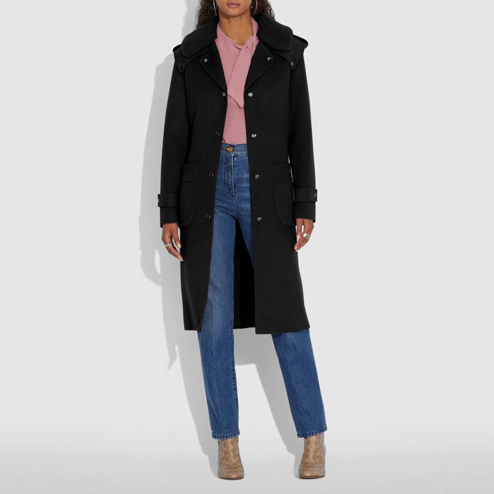 DOUBLE FACE MIDI COAT WITH REMOVABLE SHEARLING COLLAR