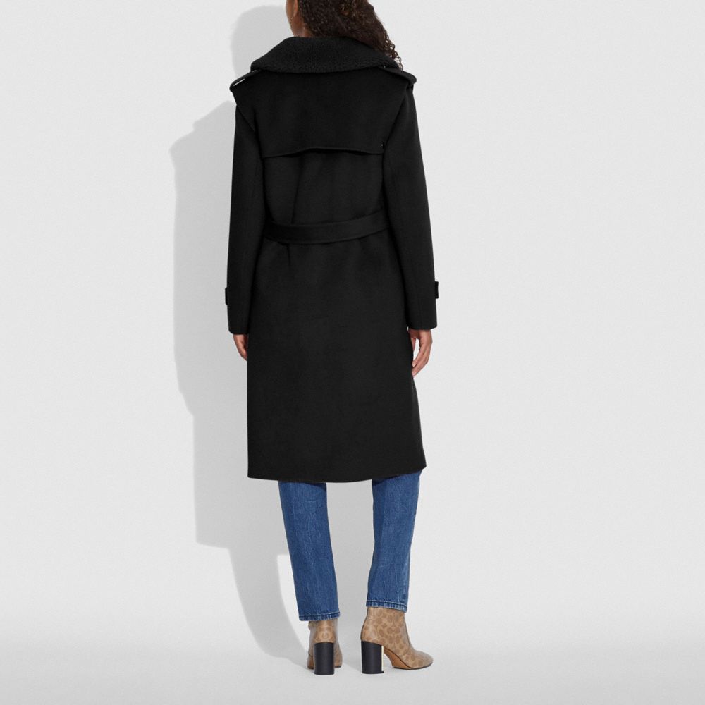 DOUBLE FACE MIDI COAT WITH REMOVABLE SHEARLING COLLAR