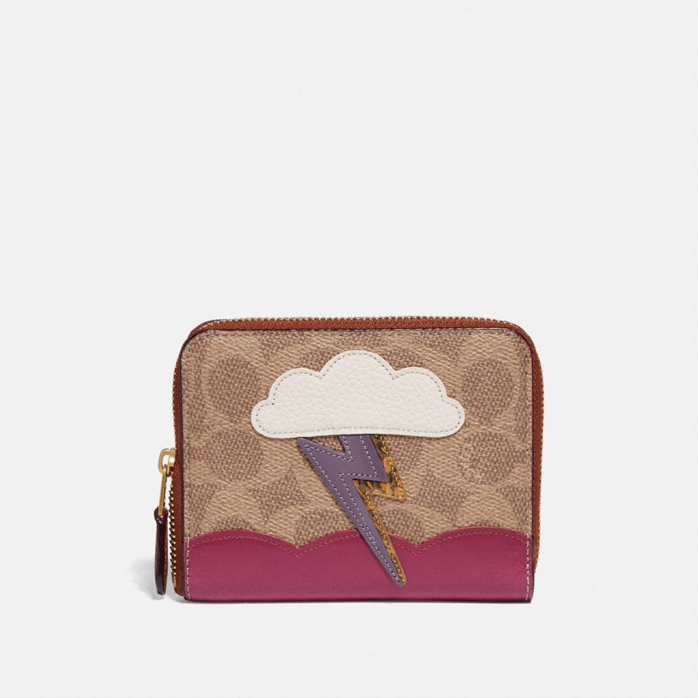 SMALL ZIP AROUND WALLET IN SIGNATURE CANVAS WITH LIGHTNING CLOUD APPLIQUE AND SNAKESKIN DETAIL - B4/TAN RUST - COACH 69790