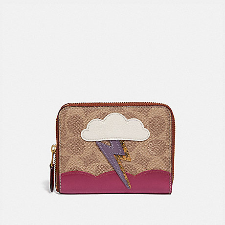 COACH 69790 SMALL ZIP AROUND WALLET IN SIGNATURE CANVAS WITH LIGHTNING CLOUD APPLIQUE AND SNAKESKIN DETAIL B4/TAN-RUST