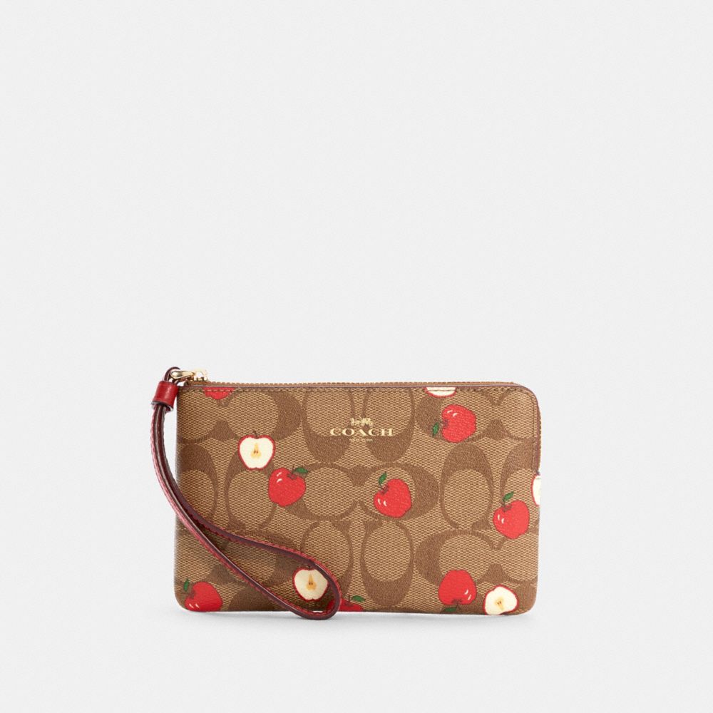 COACH 6979 Corner Zip Wristlet In Signature Canvas With Apple Print IM/KHAKI MULTI