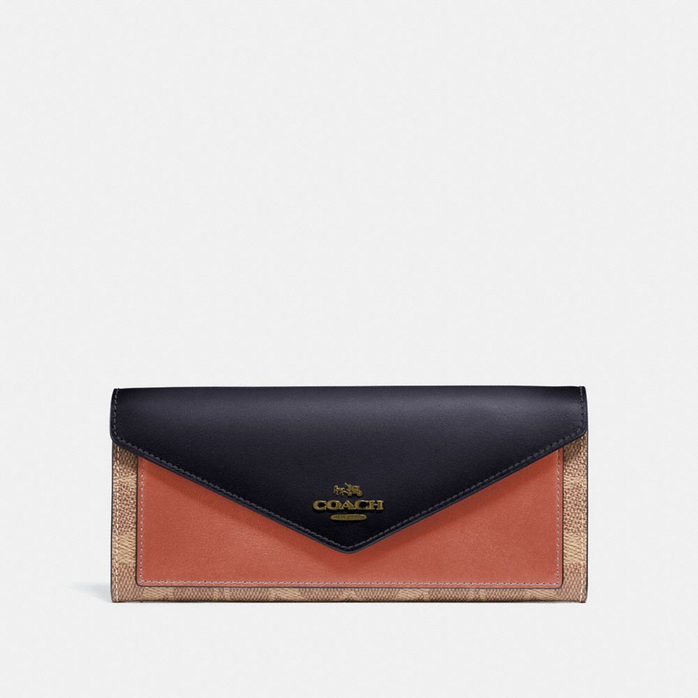 COACH 69828 Soft Wallet In Colorblock Signature Canvas TAN/INK LIGHT PEACH/BRASS